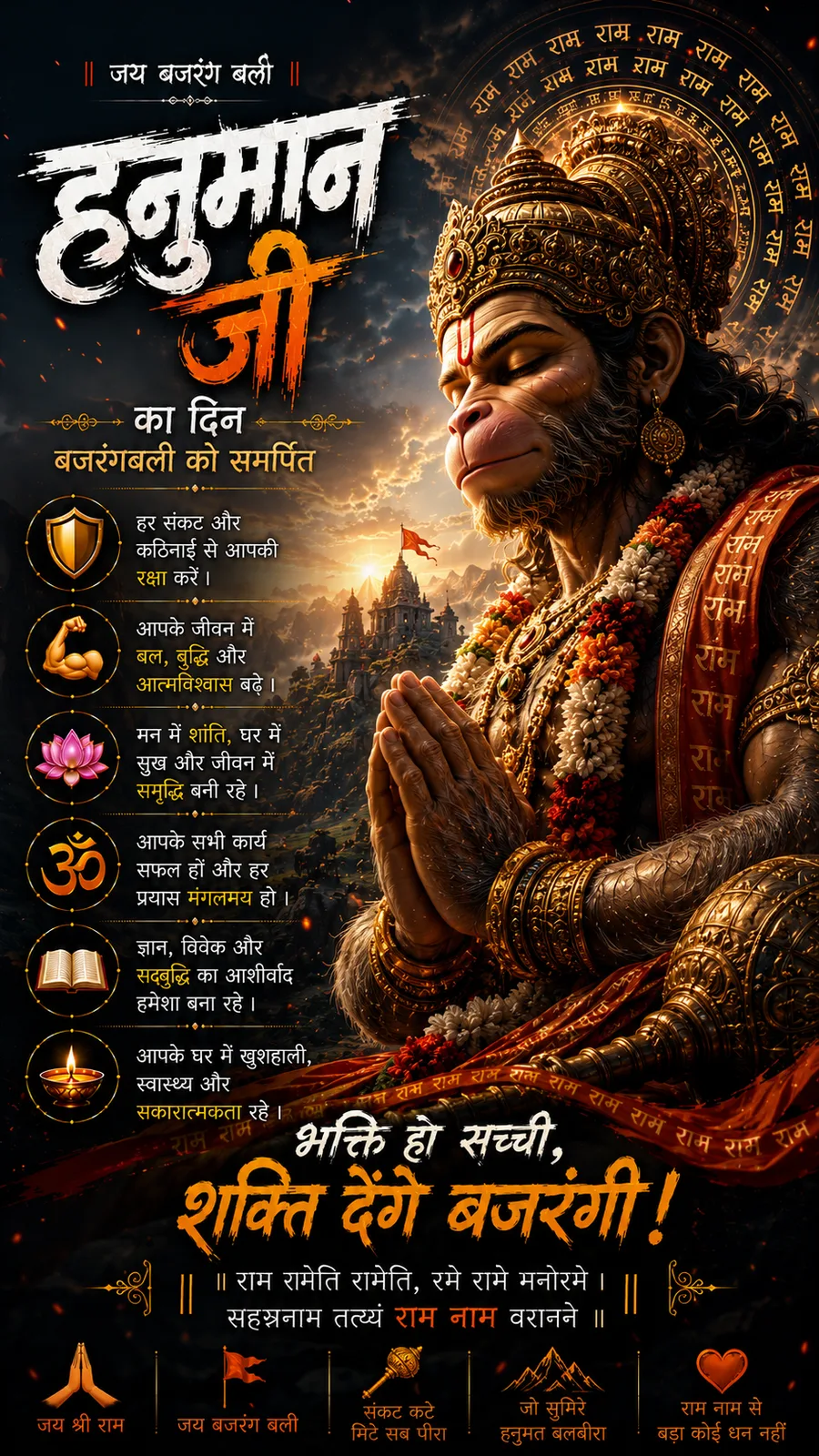 Meditative Hanuman praying with folded hands before distant temple