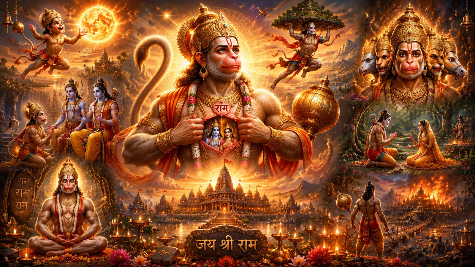 Hanuman Collection wallpapers AI art prompts collection featuring Ram Bhakti, Panchmukhi Hanuman, Sanjeevani Parvat, Lord Rama devotion, and cinematic devotional artwork