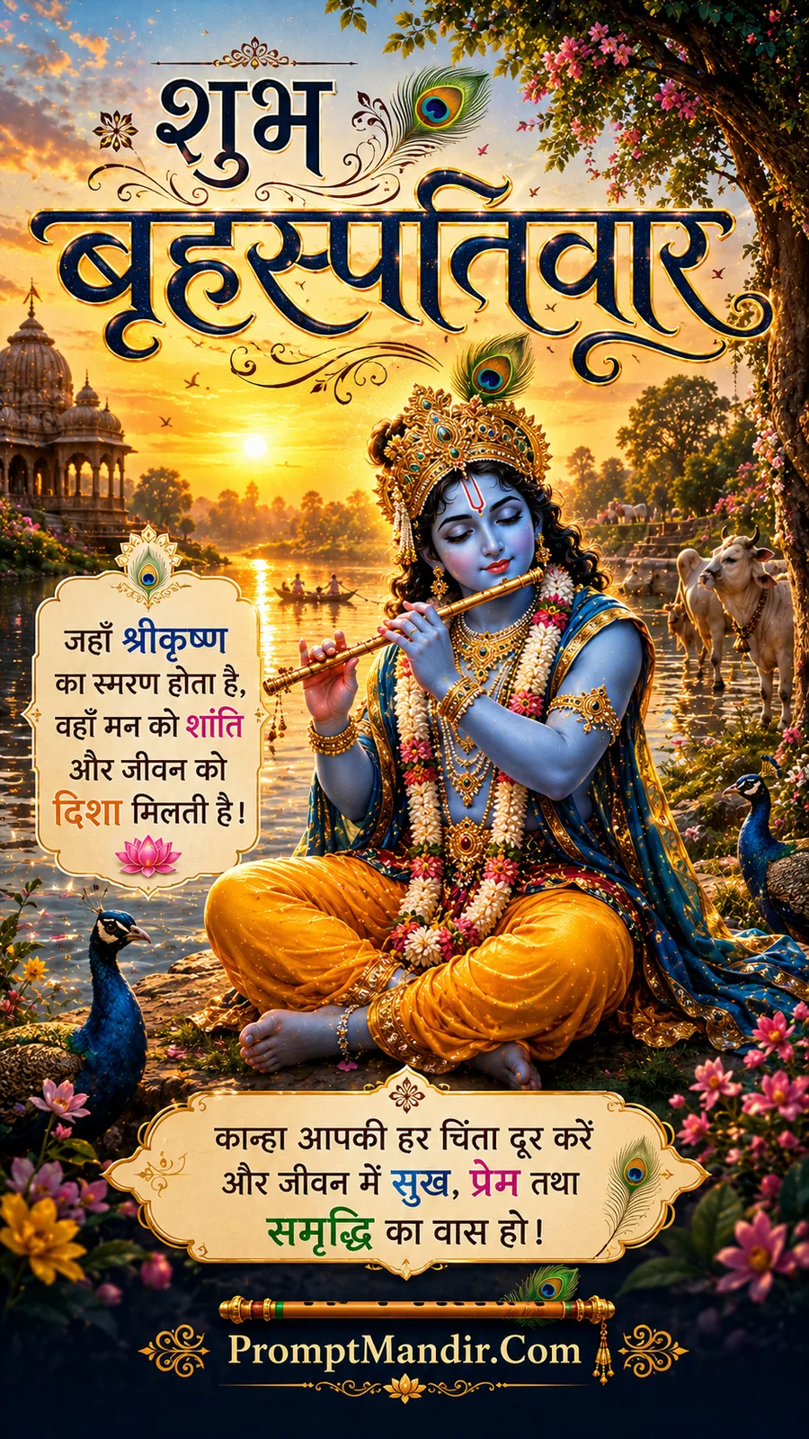 Lord Krishna playing flute beside river at golden sunset with peacocks