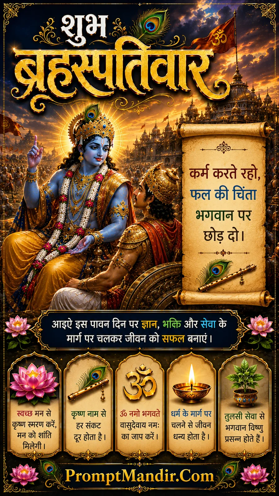 Lord Krishna guiding Arjuna on battlefield with divine golden aura