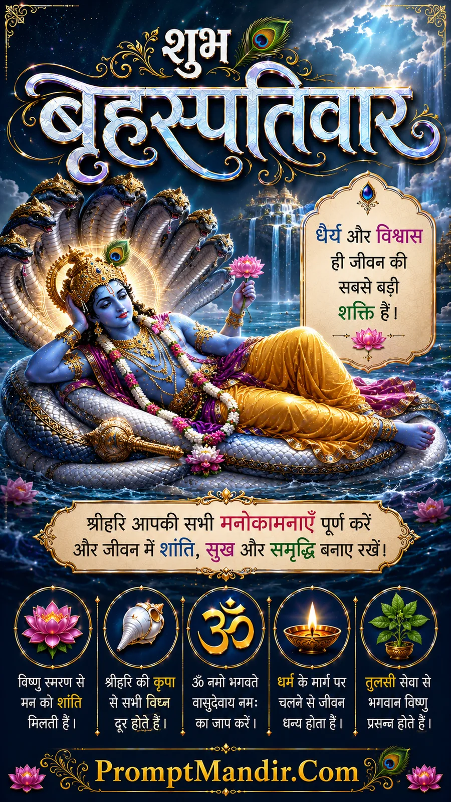 Lord Vishnu resting on Sheshnag amidst celestial waters and waterfalls