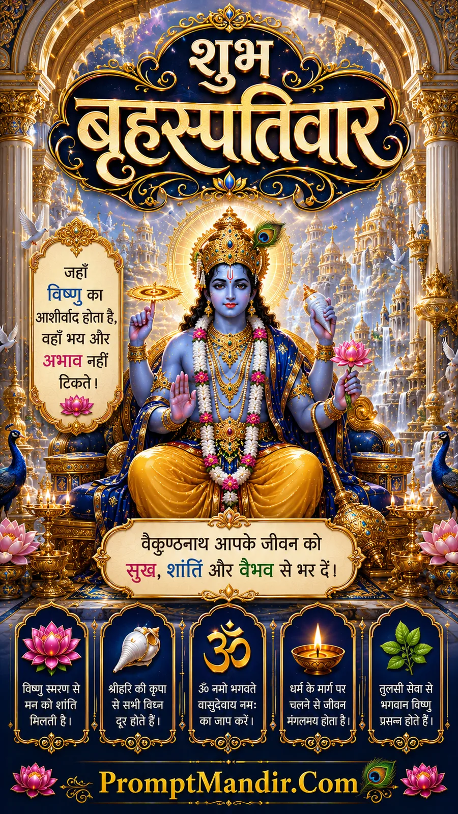 Lord Vishnu seated on royal throne within magnificent celestial palace