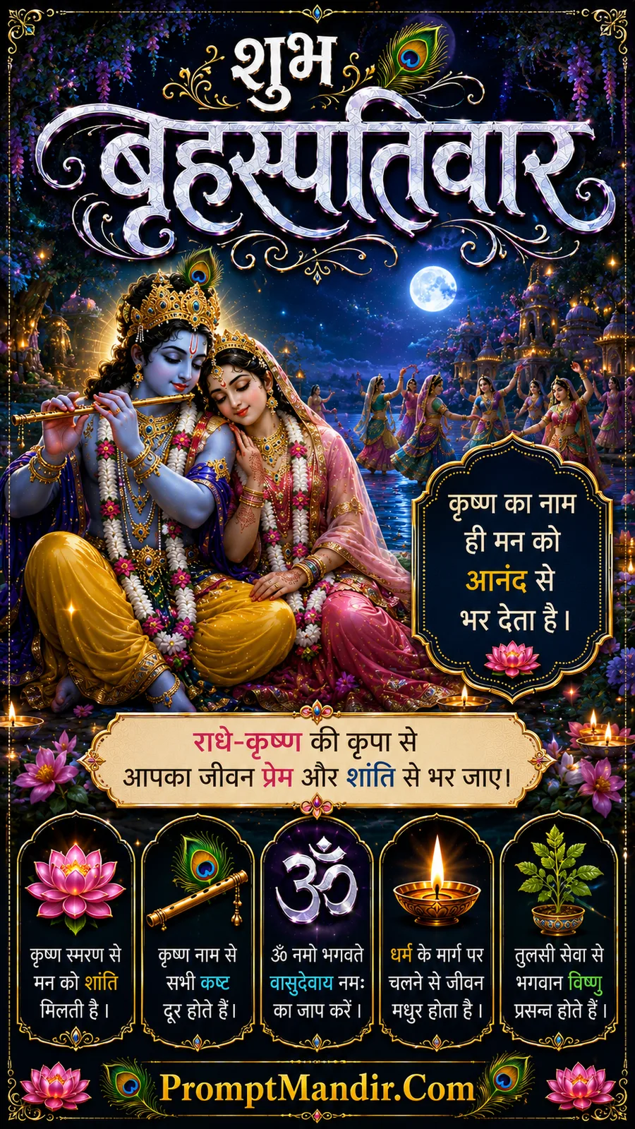 Radha Krishna seated together beneath moonlit sky surrounded by flowers