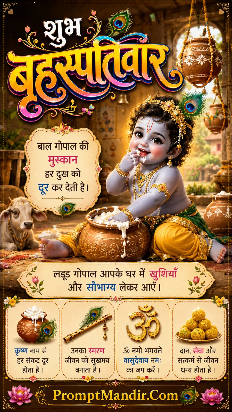 Bal Gopal smiling beside butter pot in traditional village courtyard