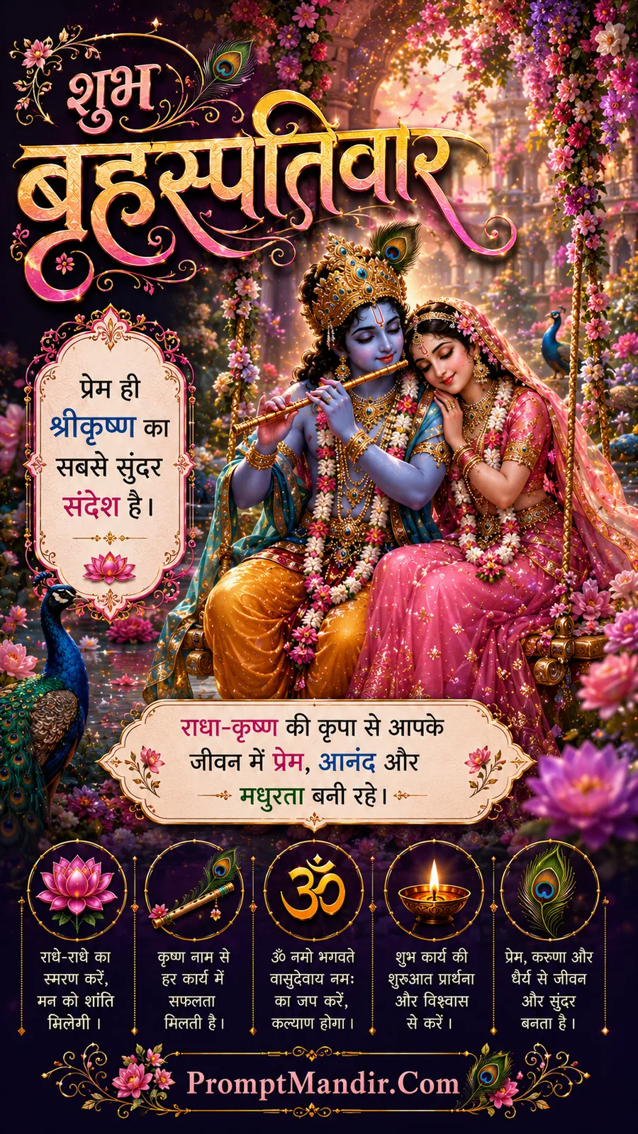 Radha Krishna seated on swing amid blooming flowers and peacocks