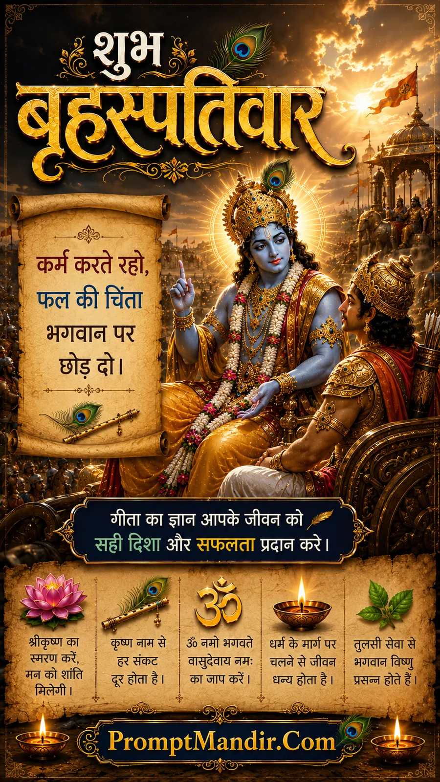 Lord Krishna teaching Arjuna during epic battlefield at golden sunrise