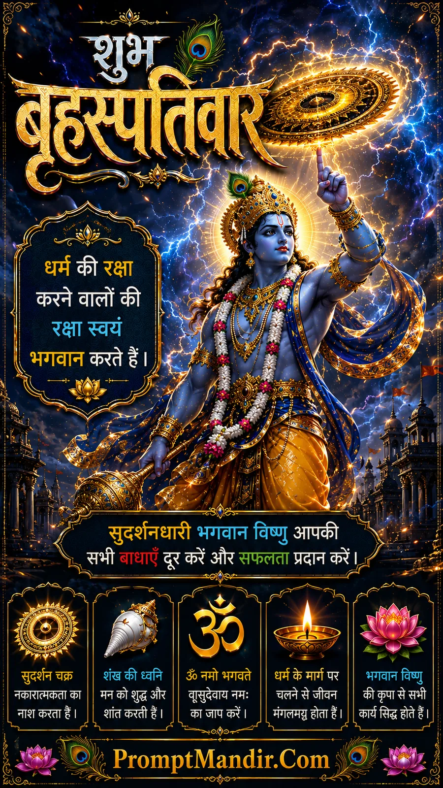 Lord Vishnu holding Sudarshan Chakra amid celestial lightning and energy