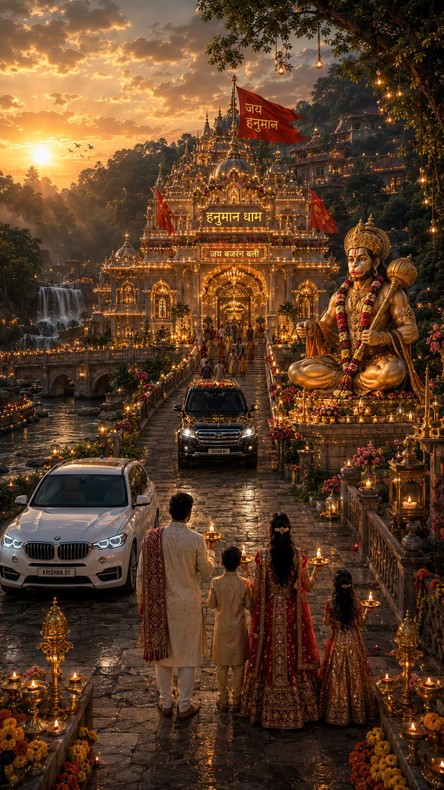 Grand Hanuman temple entrance with family devotees, luxury cars and glowing sunset