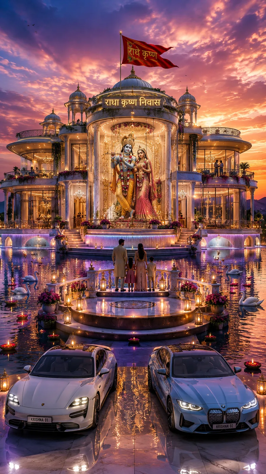 Radha Krishna palace beside water with family gathering and luxury cars