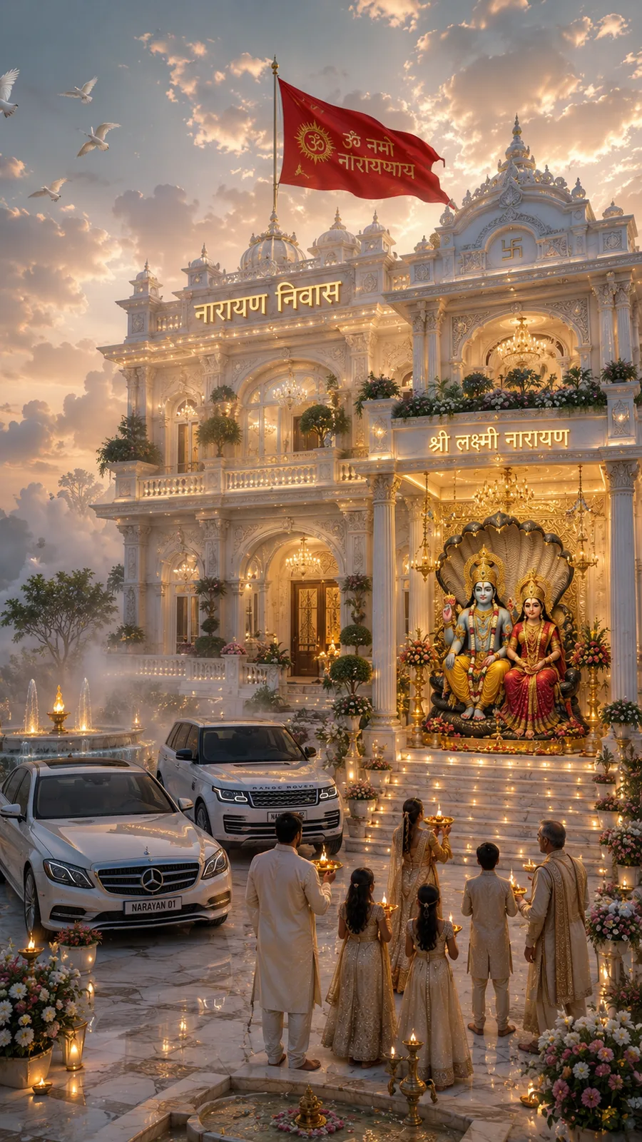 Lakshmi Narayan residence with family worship, fountains and elegant architecture
