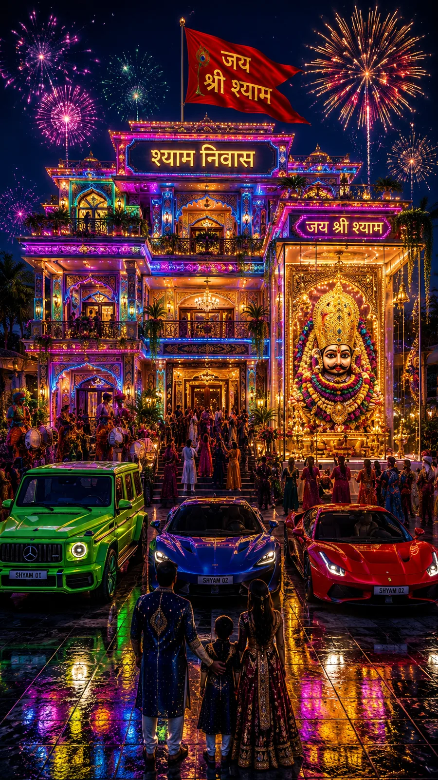 Khatu Shyam palace illuminated with fireworks, celebrations and vibrant festive lights