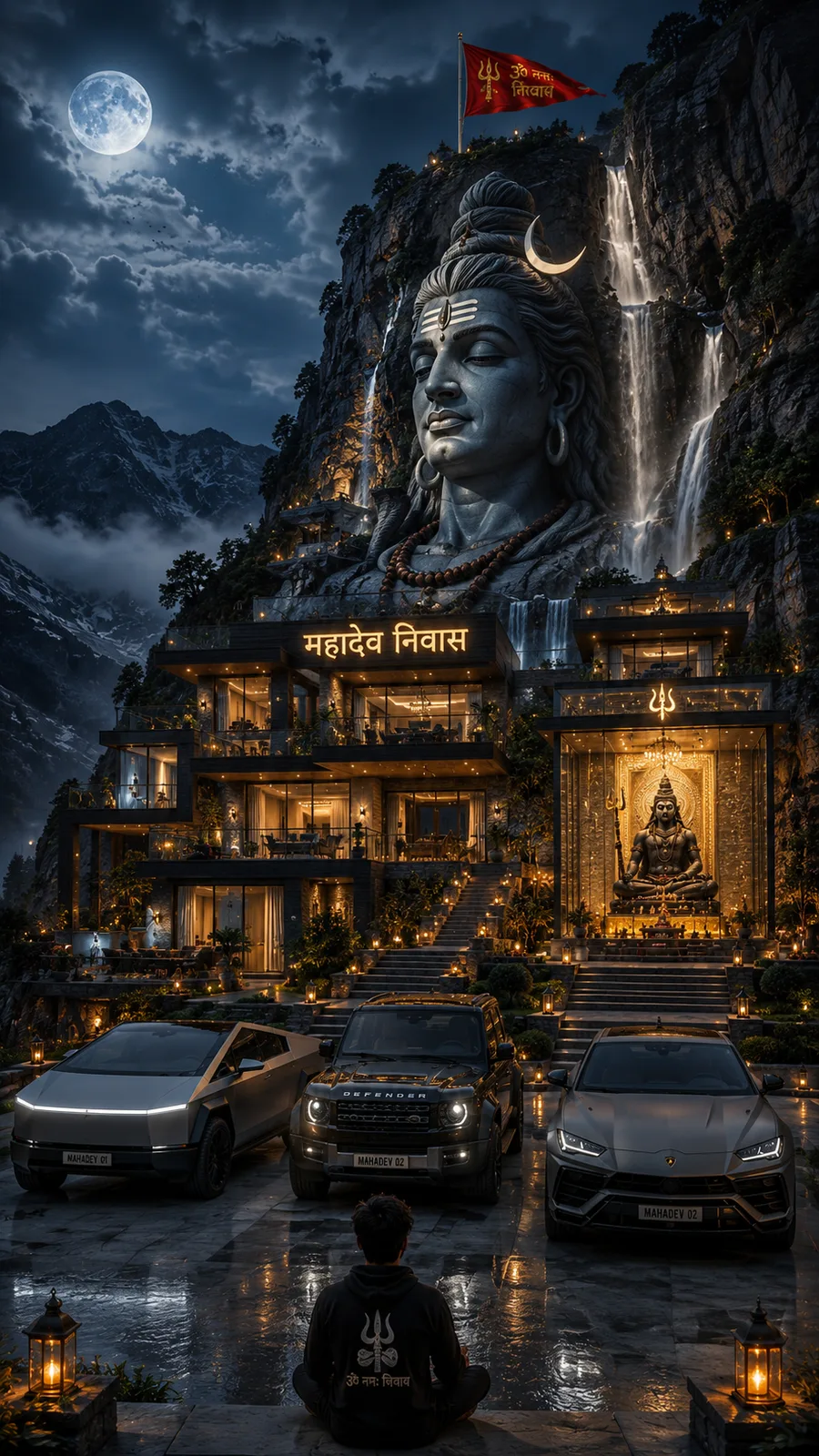 Mountain Shiva retreat beneath moonlight with waterfalls and luxury vehicles