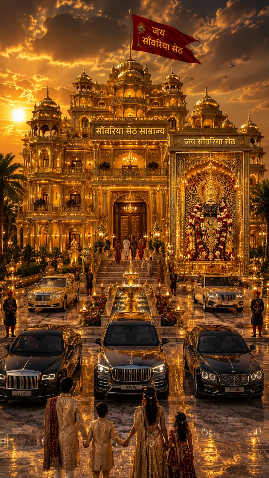 Sanwariya Seth palace glowing at sunset with devotees and luxury automobiles