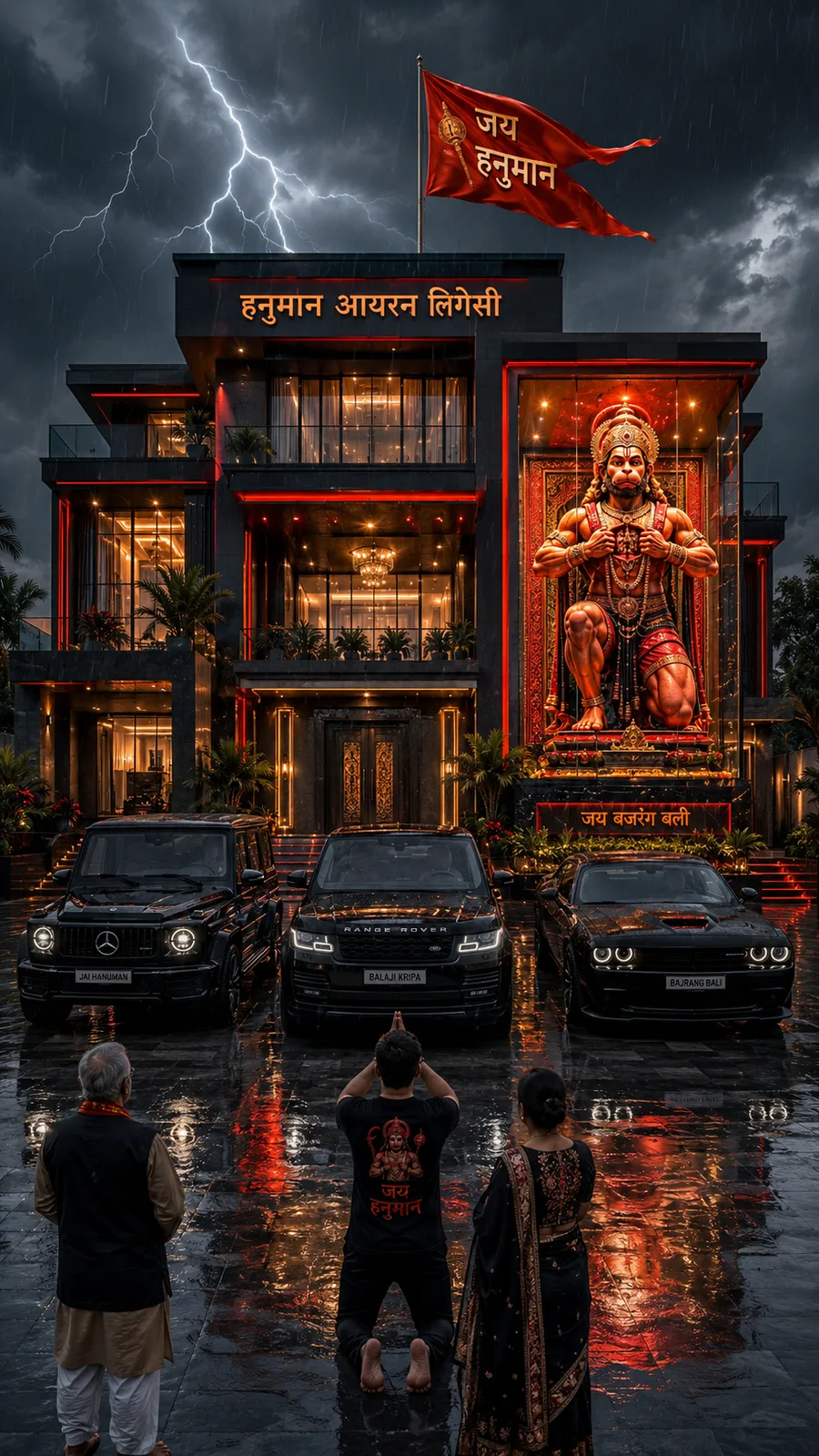 Modern Hanuman residence during stormy night with devotees and glowing lights