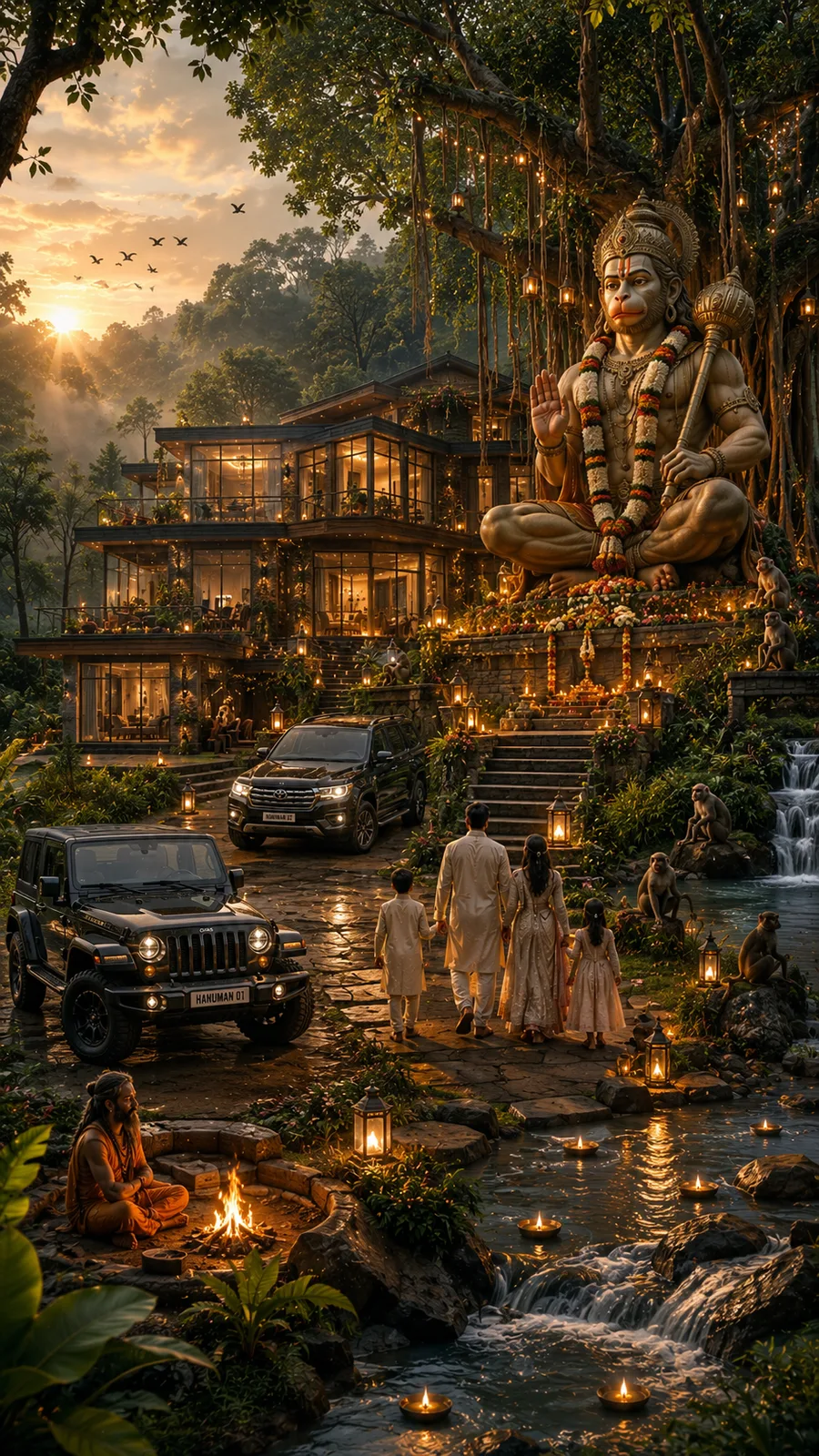 Forest Hanuman sanctuary with flowing stream, family visitors and peaceful nature