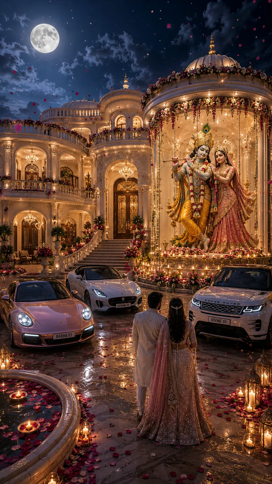 Moonlit Radha Krishna palace courtyard with roses, candles and luxury cars