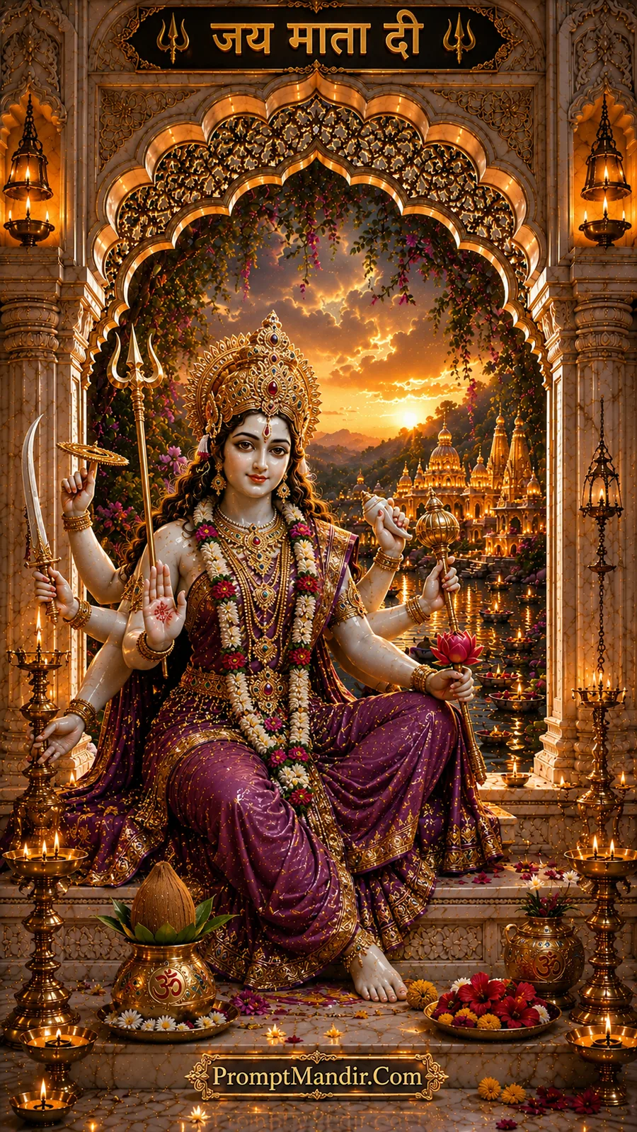 Goddess Durga seated with sacred weapons and lotus at sunset