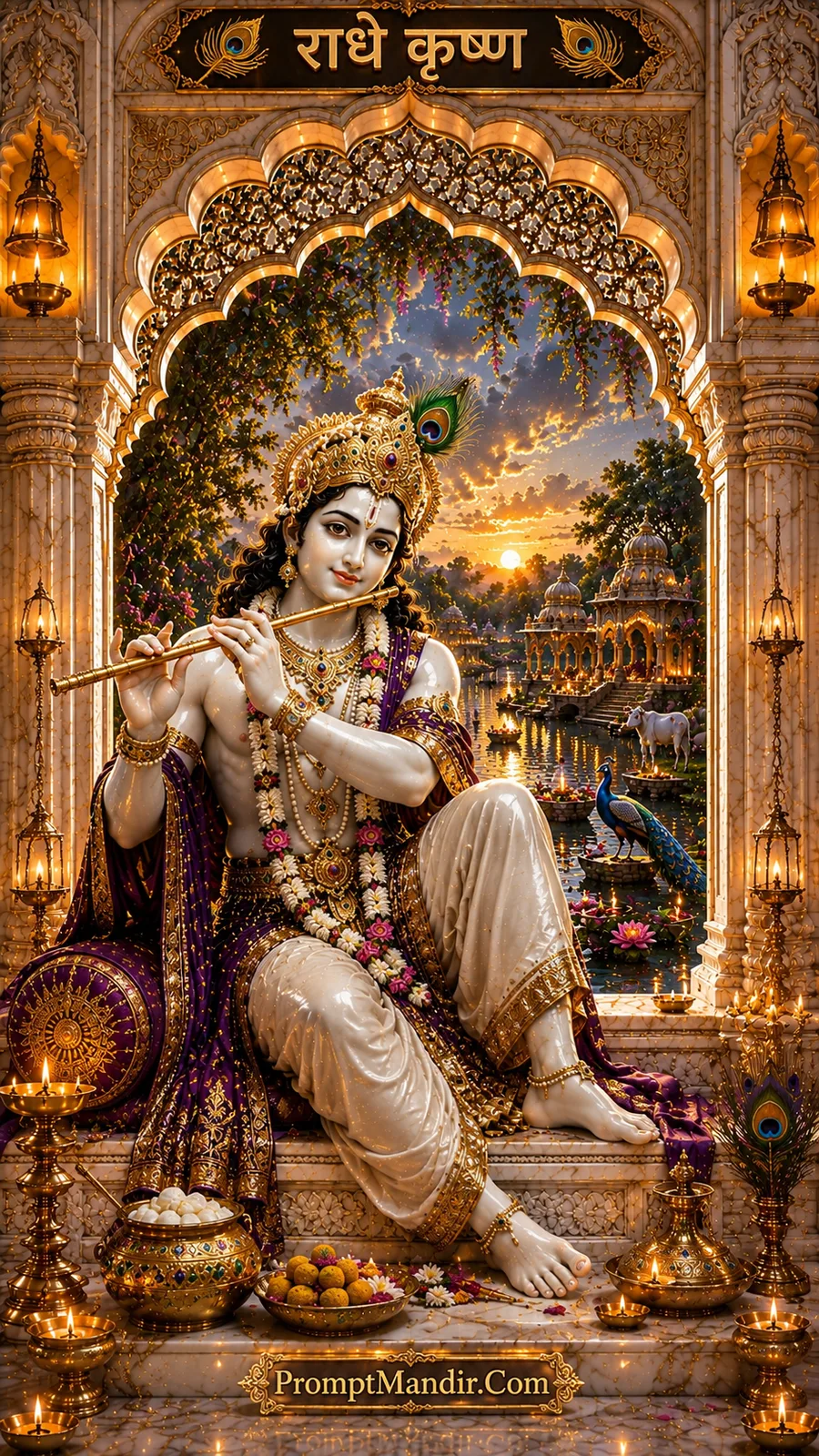 Lord Krishna playing flute near riverside temples under evening sky