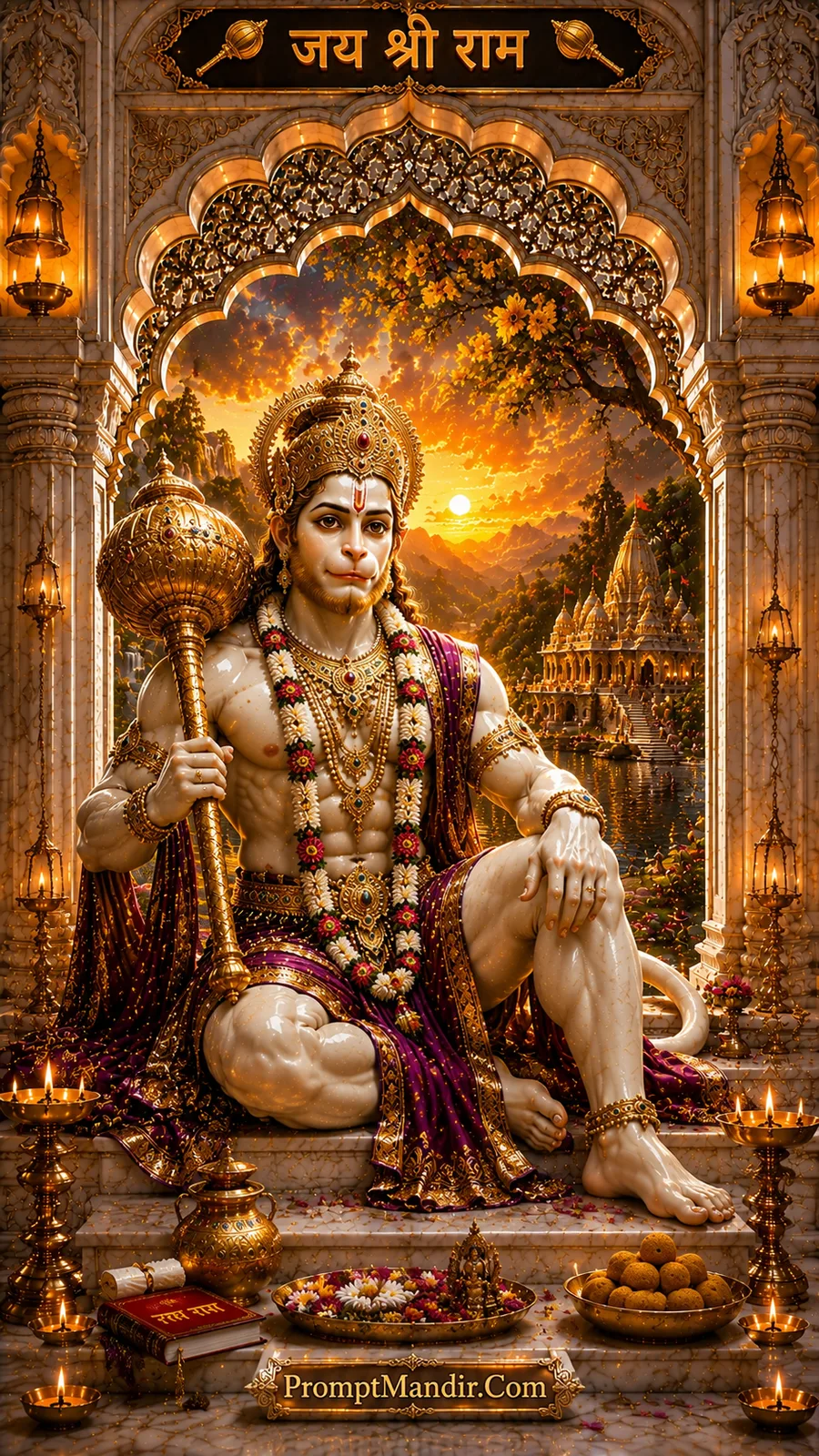 Lord Hanuman seated with golden mace before radiant temple landscape