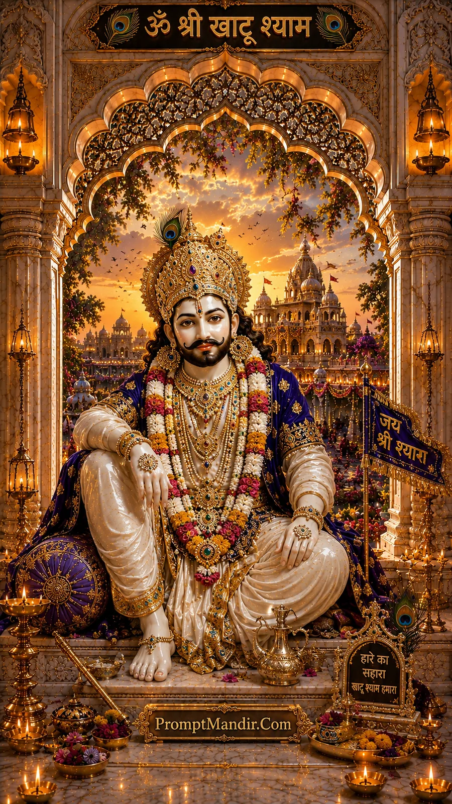 Khatu Shyam Ji seated in royal attire with temple backdrop