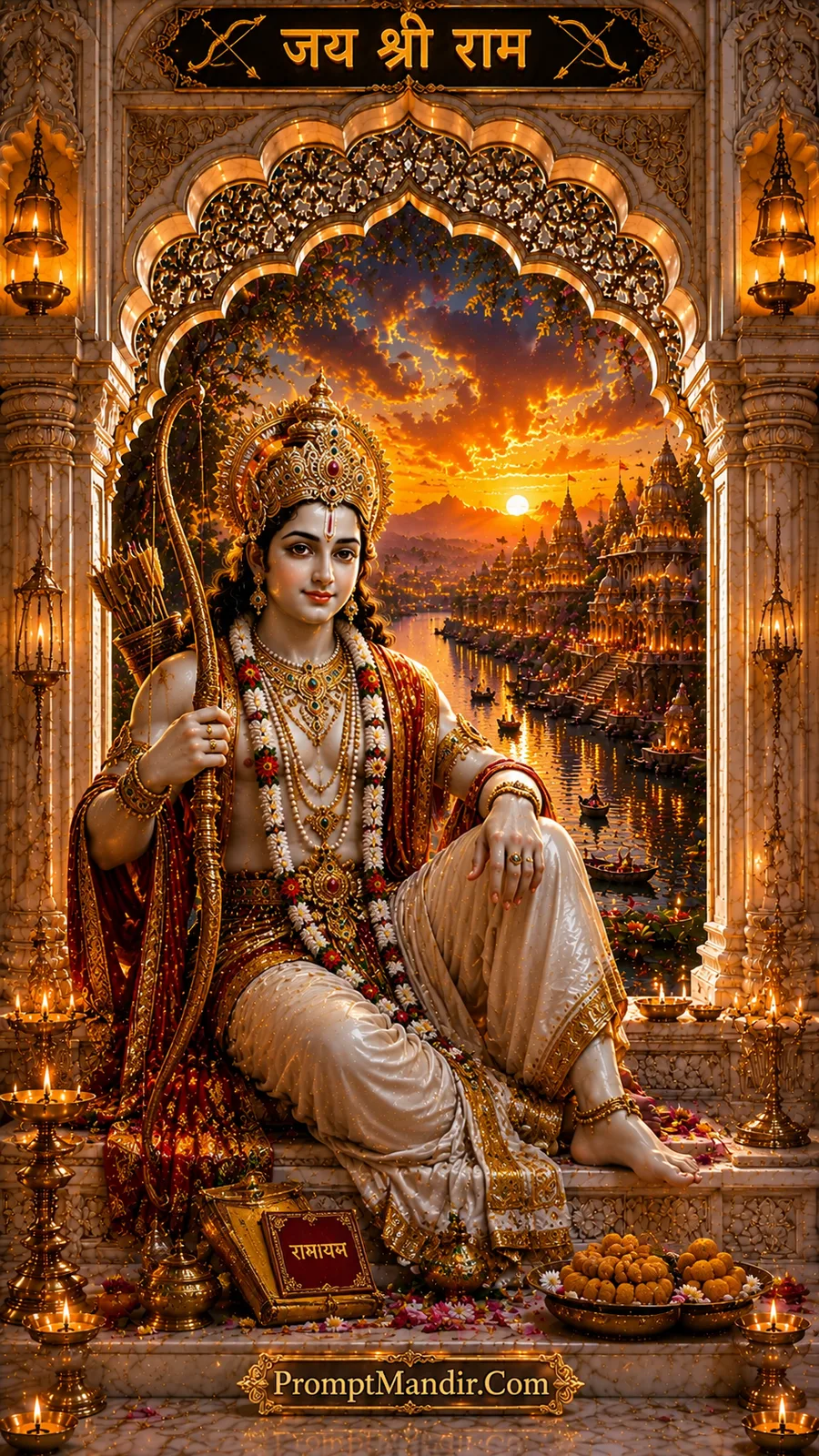 Lord Rama seated with bow beside illuminated riverside temple city