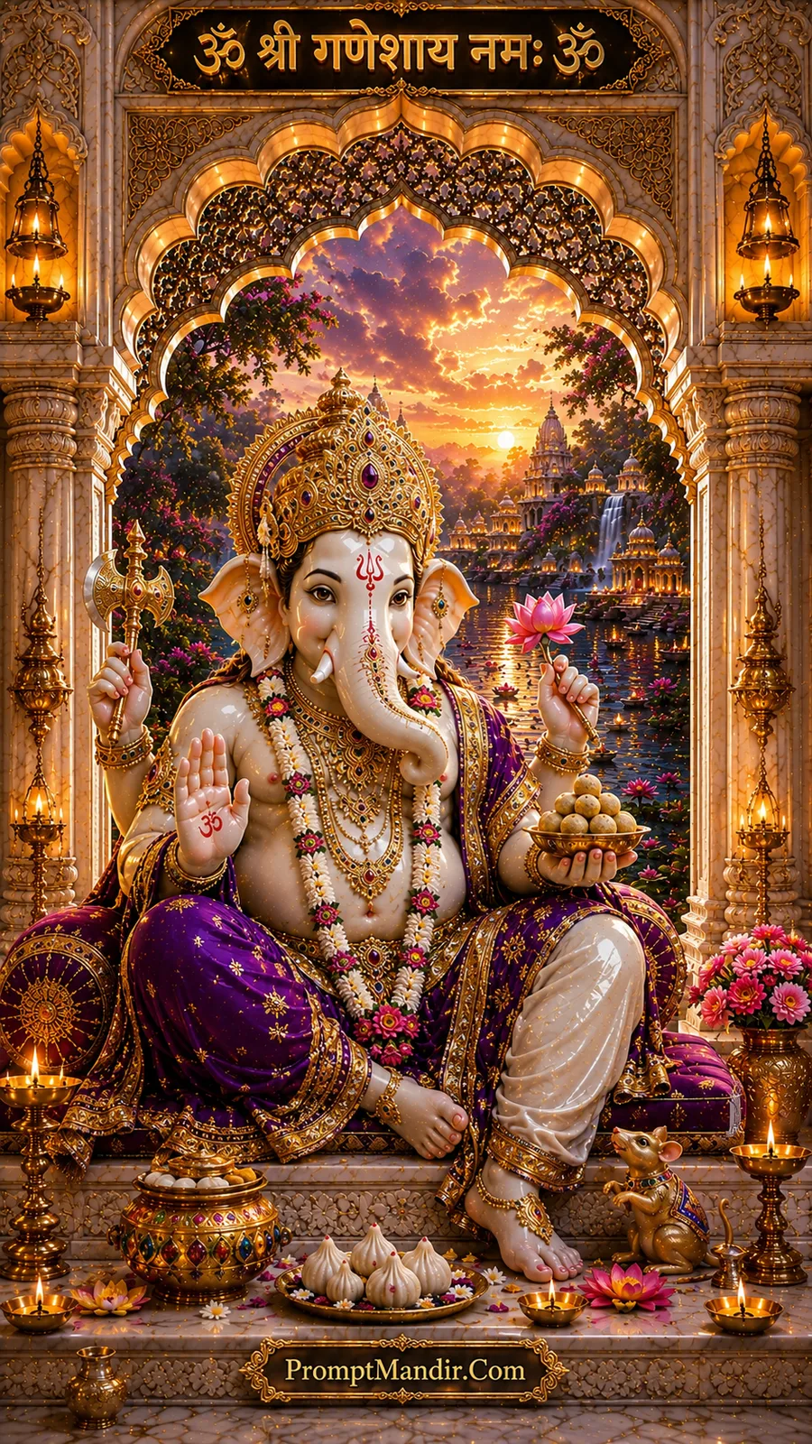 Lord Ganesha holding lotus and sweets in ornate temple setting