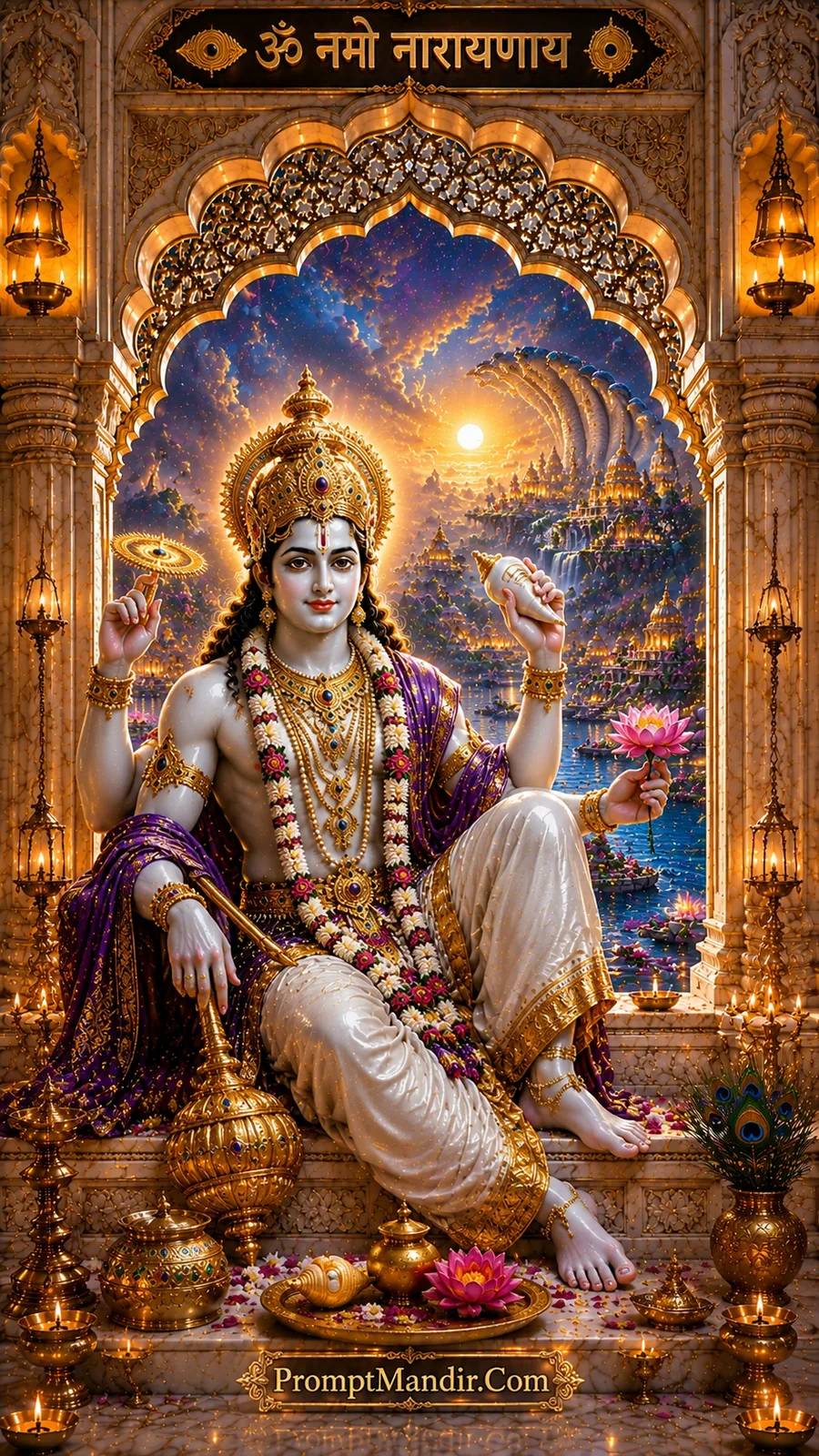 Lord Vishnu seated with lotus, conch and chakra in divine golden temple