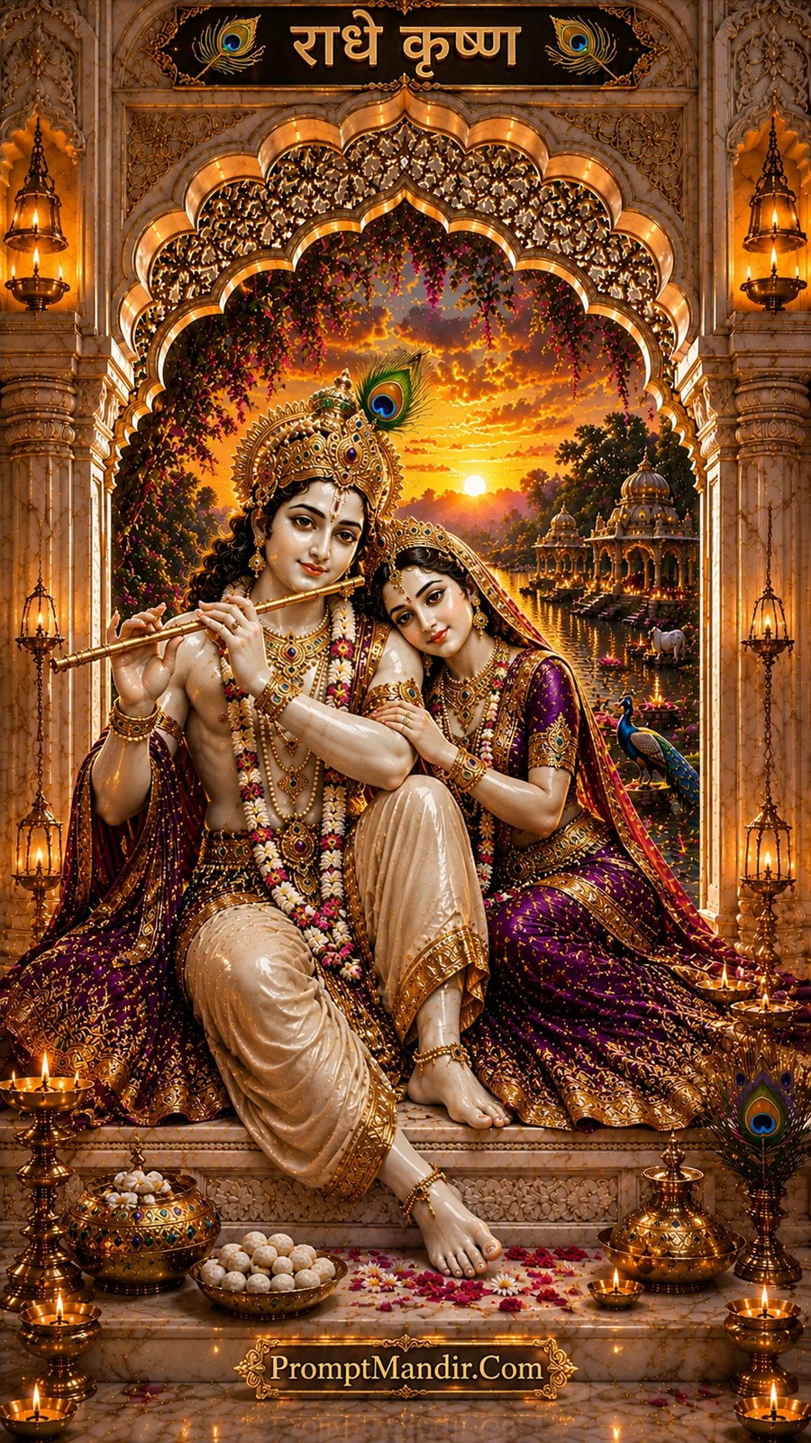 Radha and Krishna together beneath ornate arch with glowing sunset