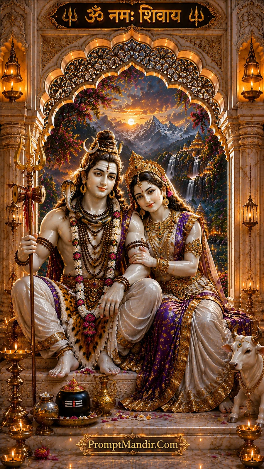 Lord Shiva and Goddess Parvati seated before mountains and waterfalls
