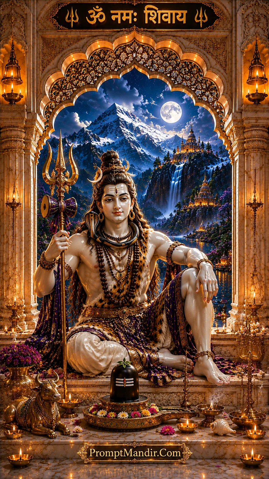 Lord Shiva seated beside sacred lingam under moonlit mountain landscape