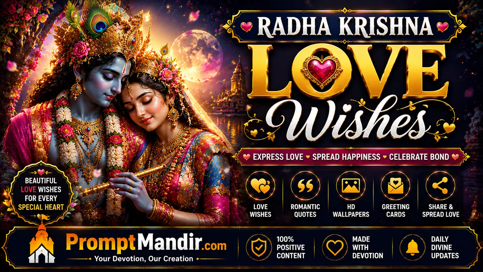 Radha Krishna love wishes wallpaper with divine romantic art, flute and moonlight background