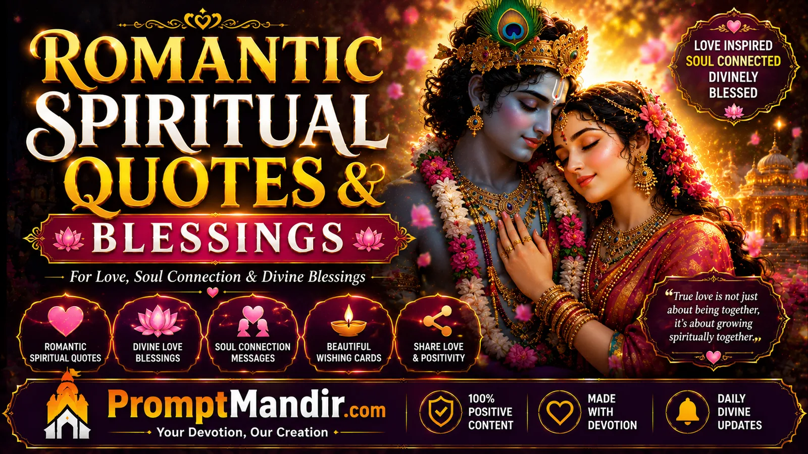 Romantic spiritual quotes wallpaper with Radha Krishna divine couple blessings and soul connection