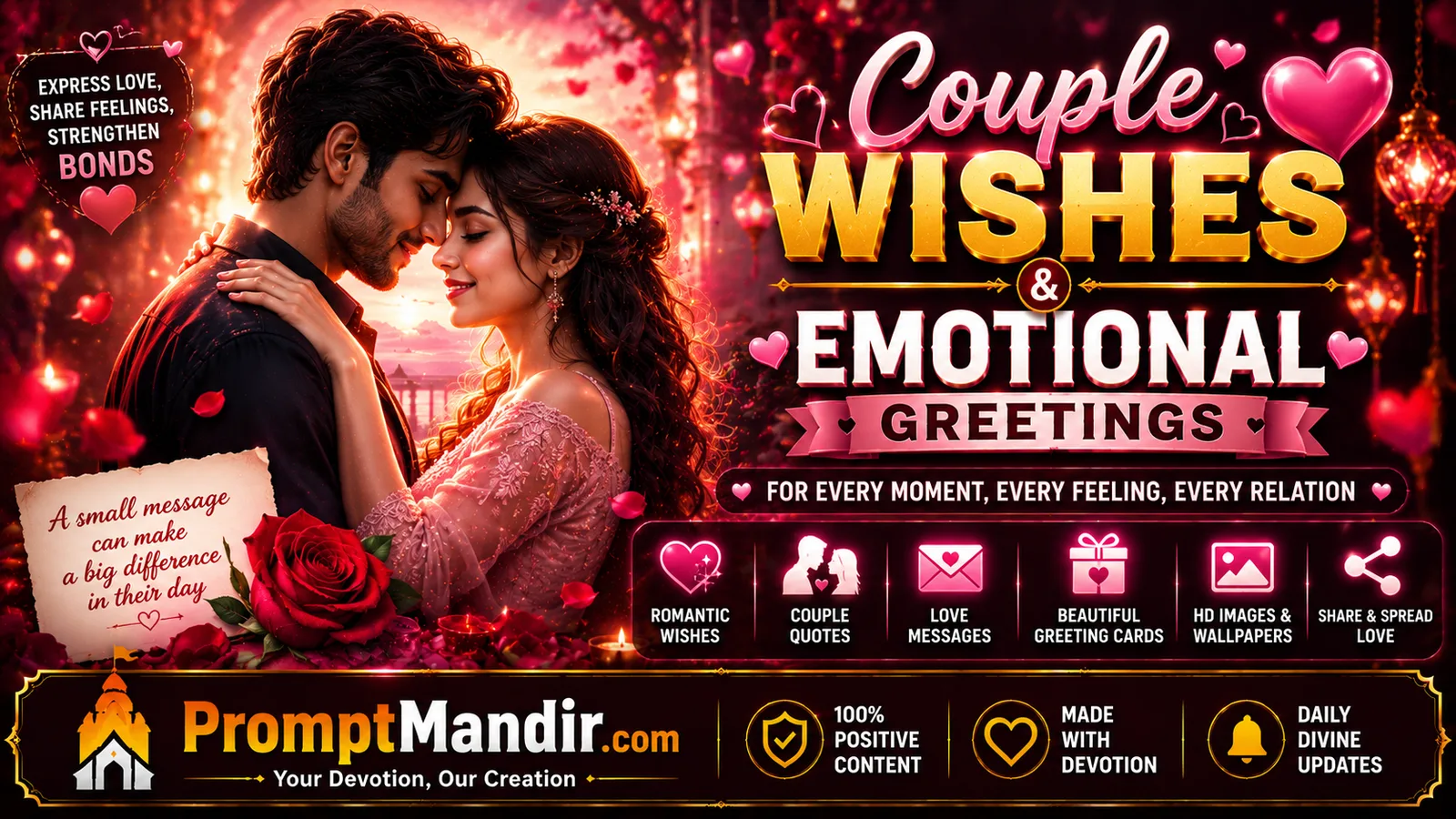 Romantic couple wishes wallpaper with loving couple, roses and emotional greeting theme
