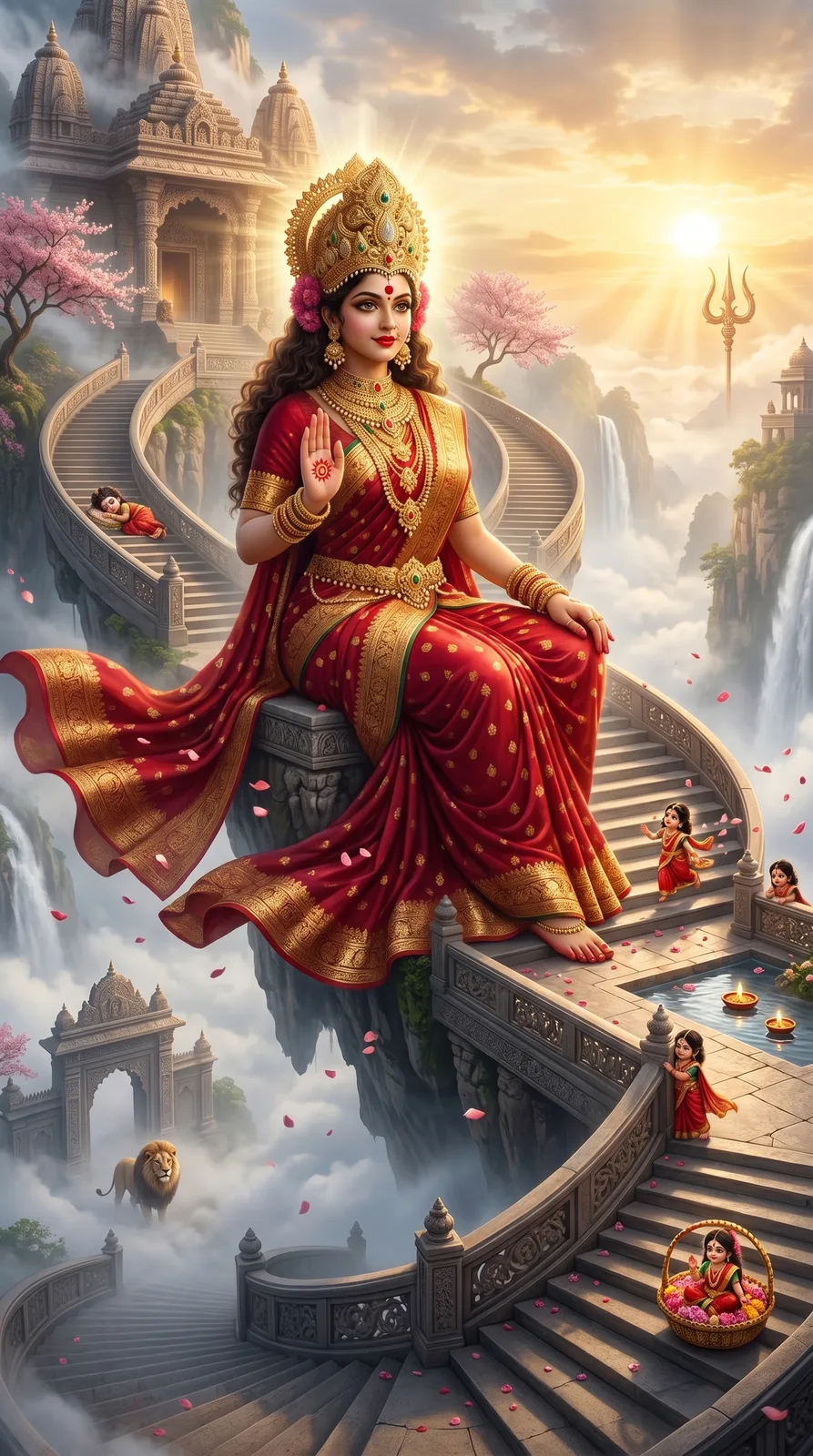 Divine goddess seated on grand staircase above clouds with temple backdrop