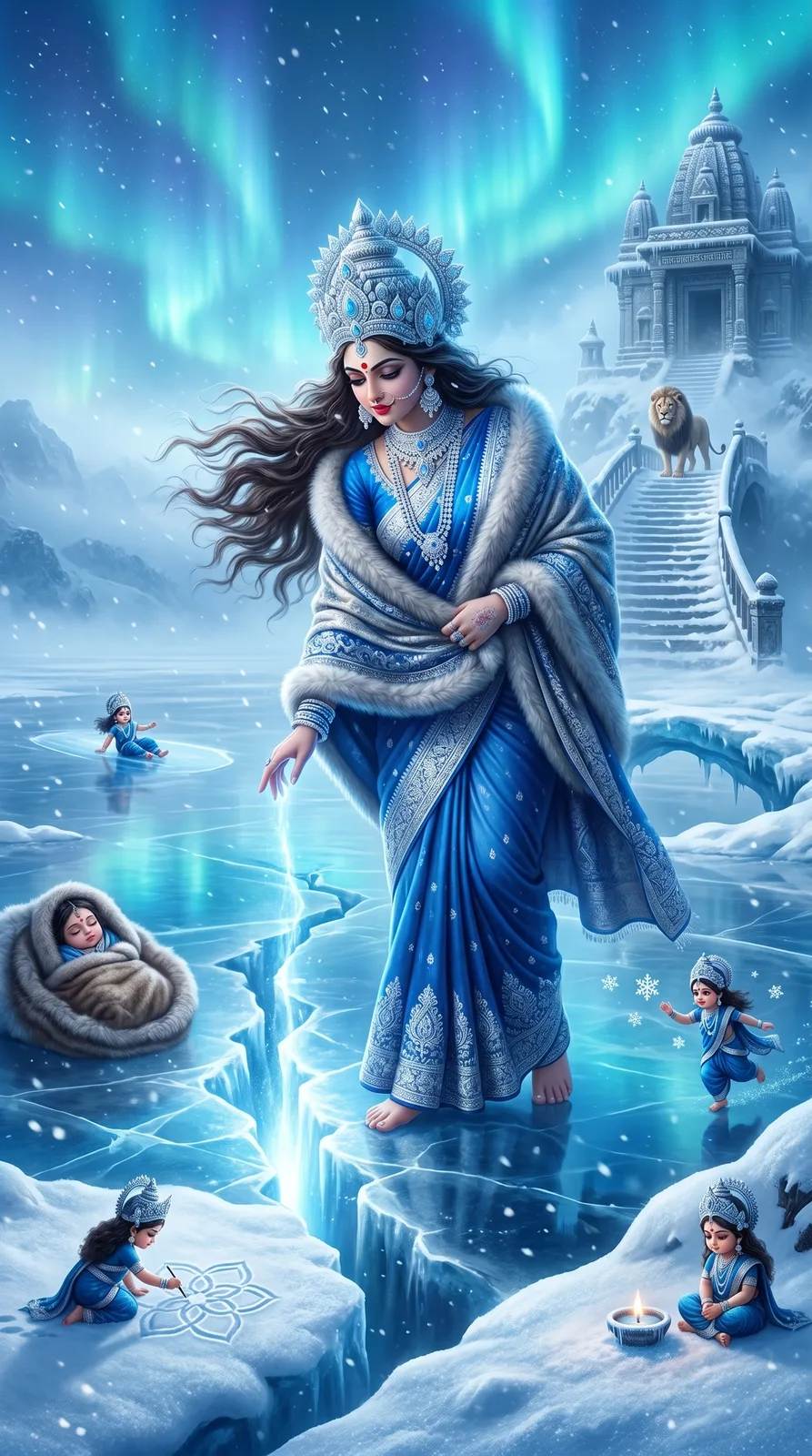 Blue-clad goddess walking across frozen lake beneath glowing northern lights