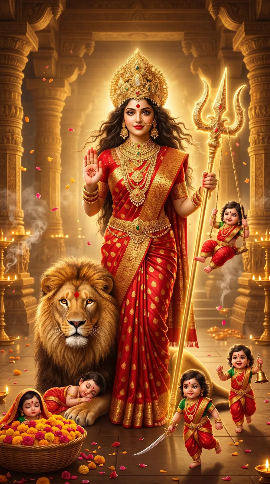 Radiant goddess holding trident beside lion inside illuminated temple hall