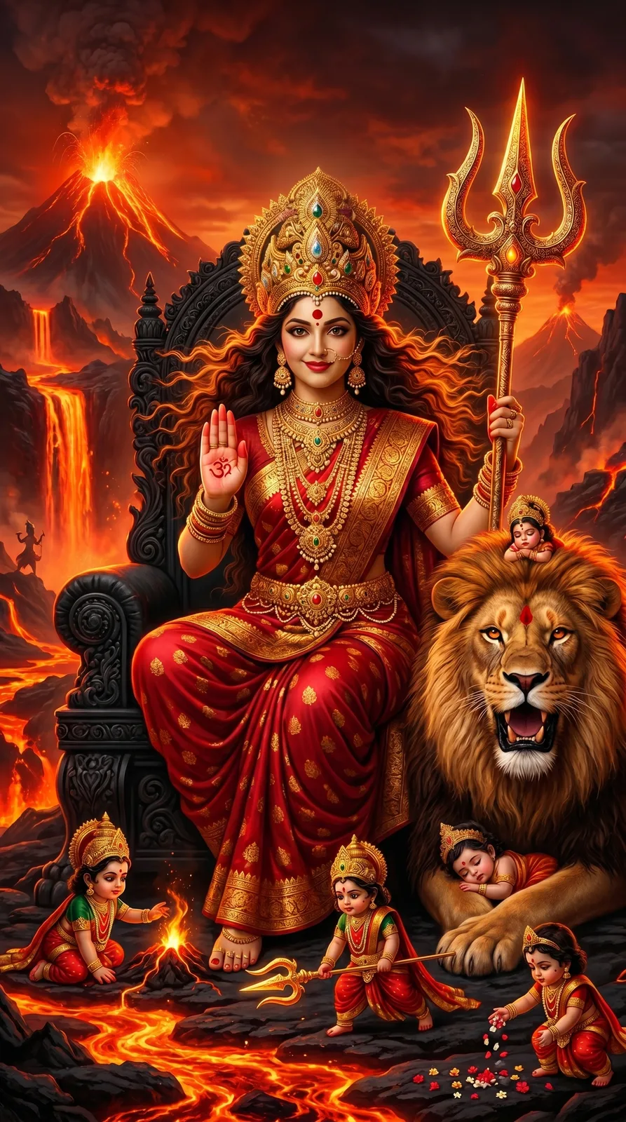 Goddess seated beside lion amid fiery volcanic landscape and glowing lava