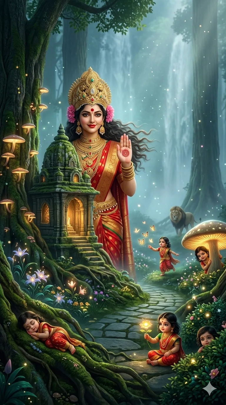 Sacred goddess emerging near forest shrine surrounded by glowing fireflies