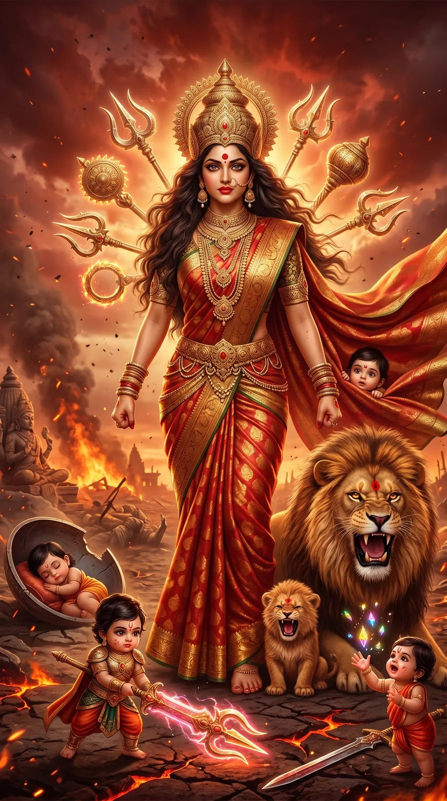 Warrior goddess walking with lion through dramatic battlefield landscape