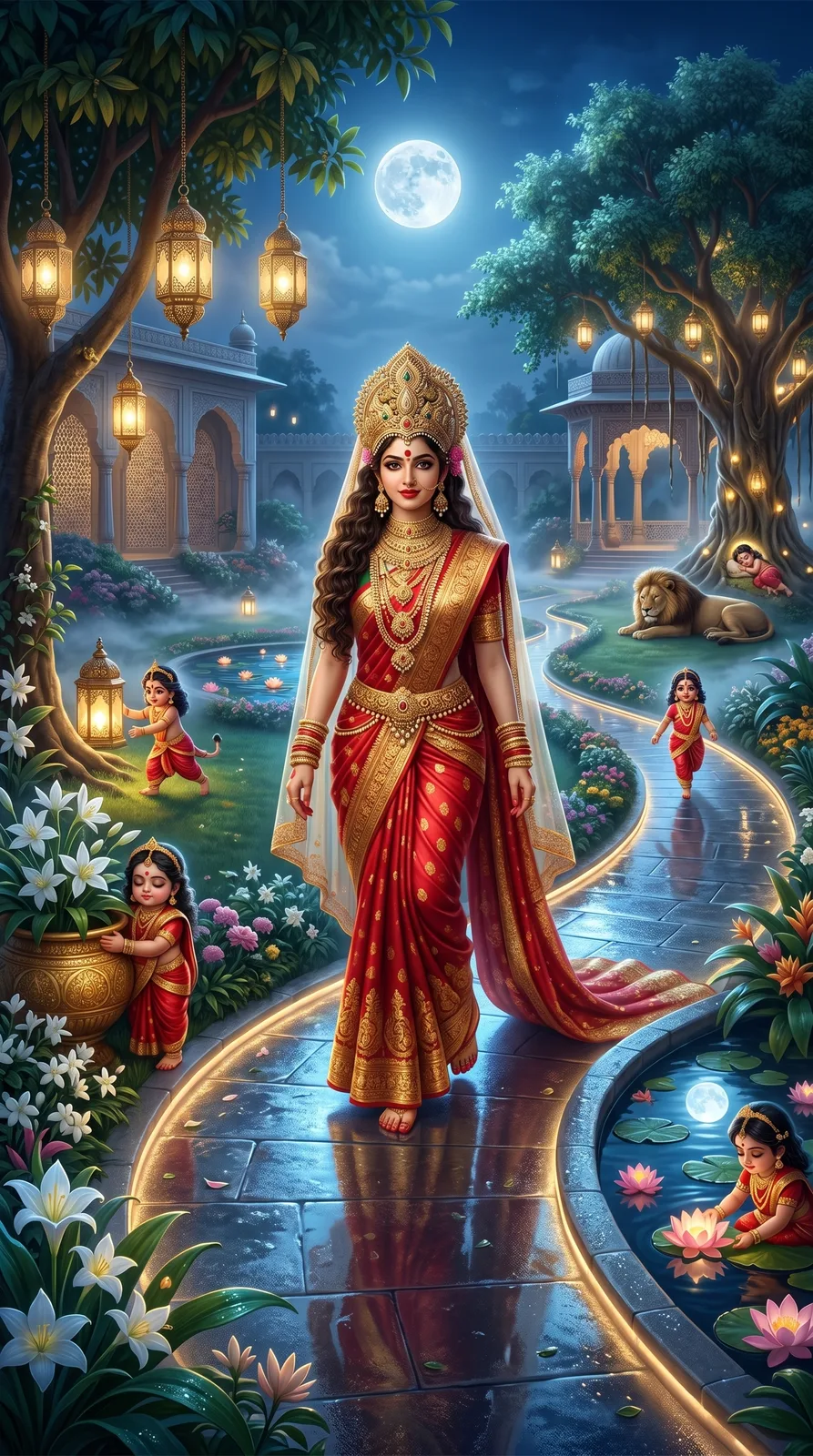 Elegant goddess walking through moonlit garden with glowing lanterns