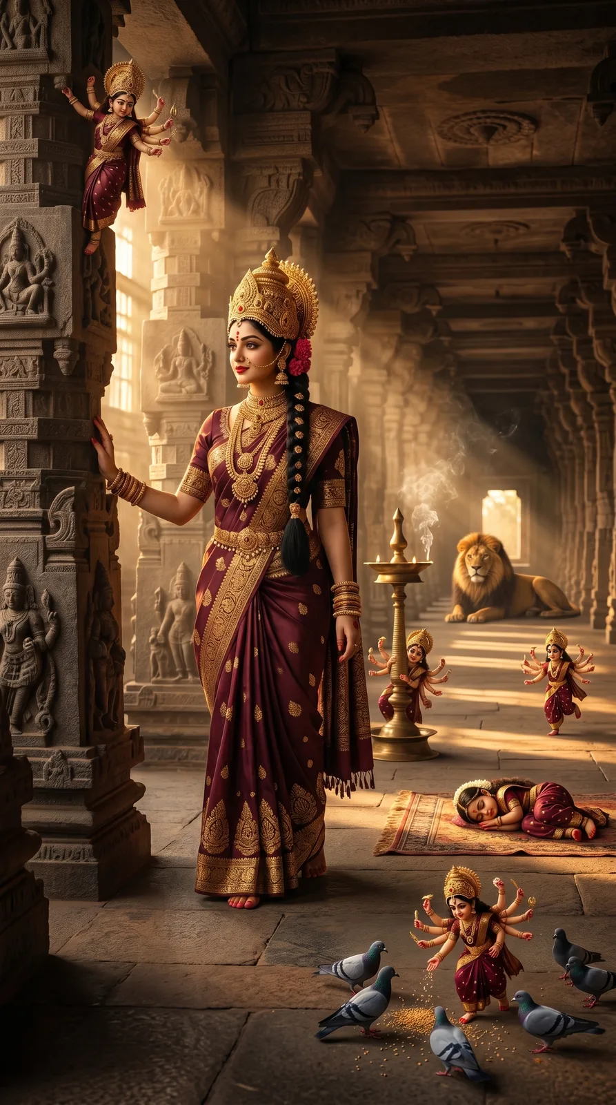 Graceful goddess standing inside ancient temple corridor with sacred carvings