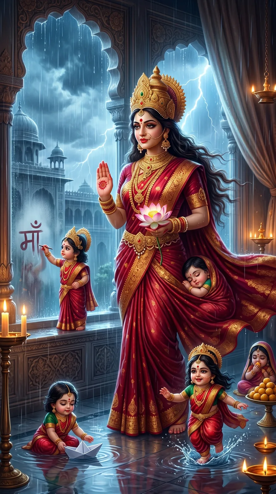 Goddess holding lotus flower during rainy evening inside palace chamber