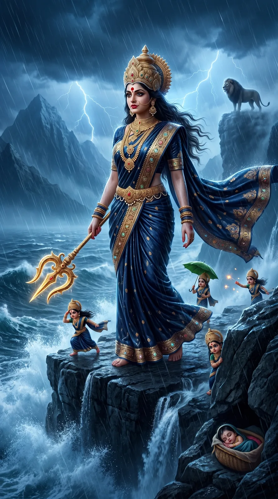 Blue goddess standing on rocky shore beside stormy ocean waves