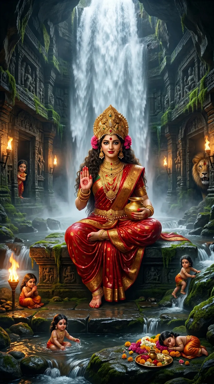 Goddess seated before waterfall temple surrounded by sacred flowing waters
