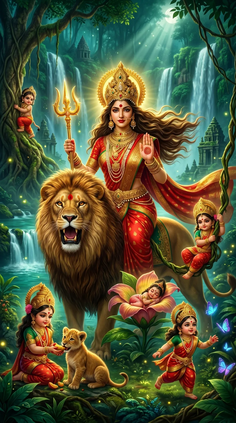 Radiant goddess riding lion through lush forest with waterfalls and butterflies