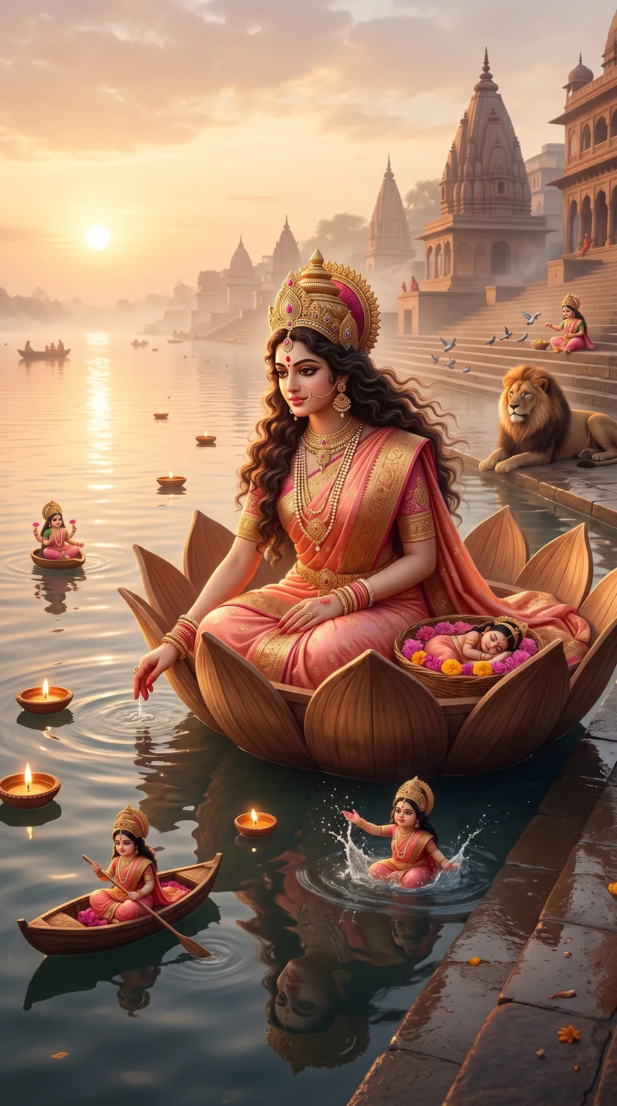 Goddess seated on lotus boat floating across peaceful riverside waters