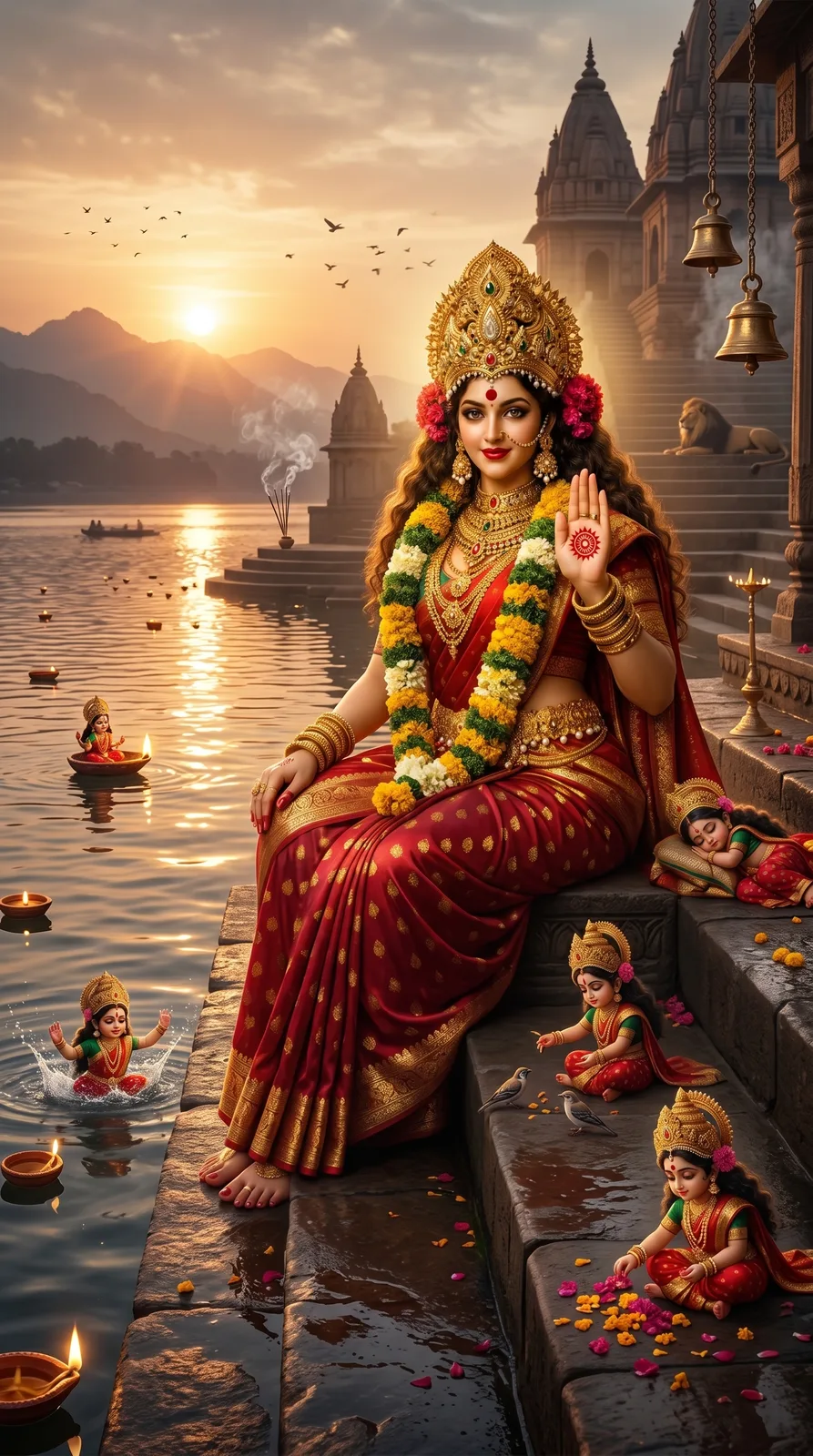 Blessing goddess seated beside river steps during golden sunset prayers