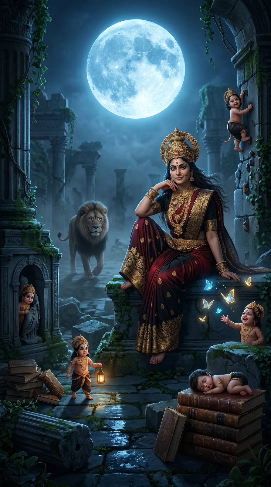 Moonlit goddess among ancient ruins accompanied by lion and glowing butterflies