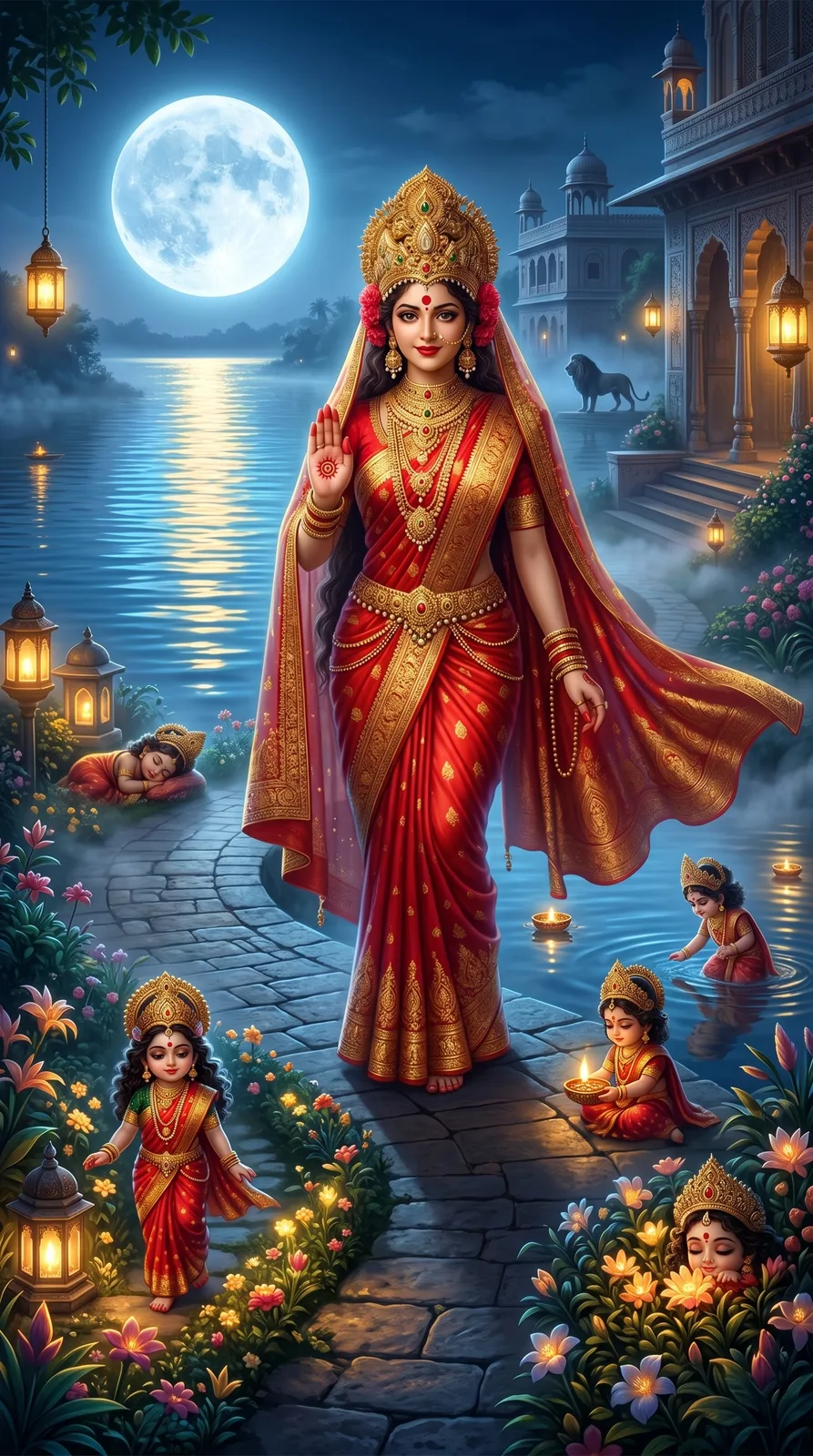 Goddess walking beside moonlit lake surrounded by flowers and lanterns