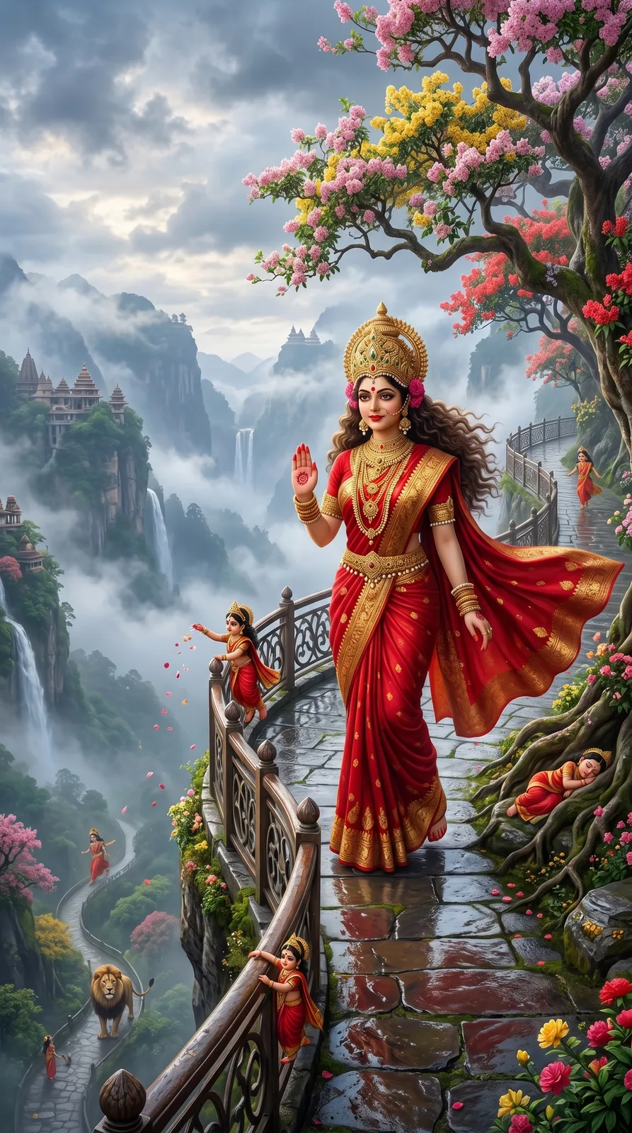 Divine goddess walking along mountain pathway above misty waterfall valleys
